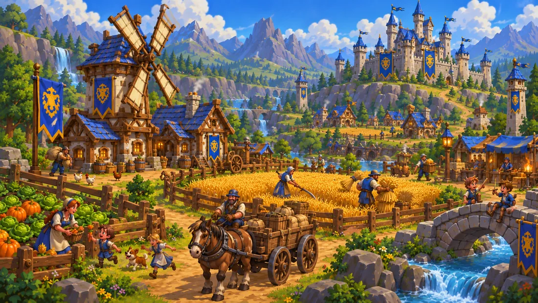 A holding in open country: timber and cut stone standing in worked fields, a mill on the water and hill country behind.