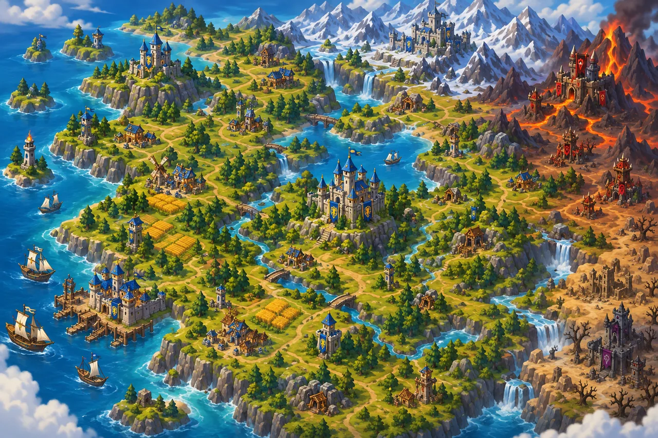 An illustrated map of the shared KoriaVault realm