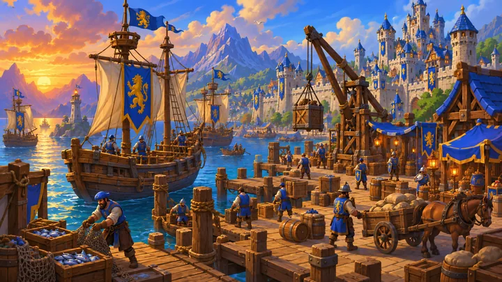 A busy medieval harbour