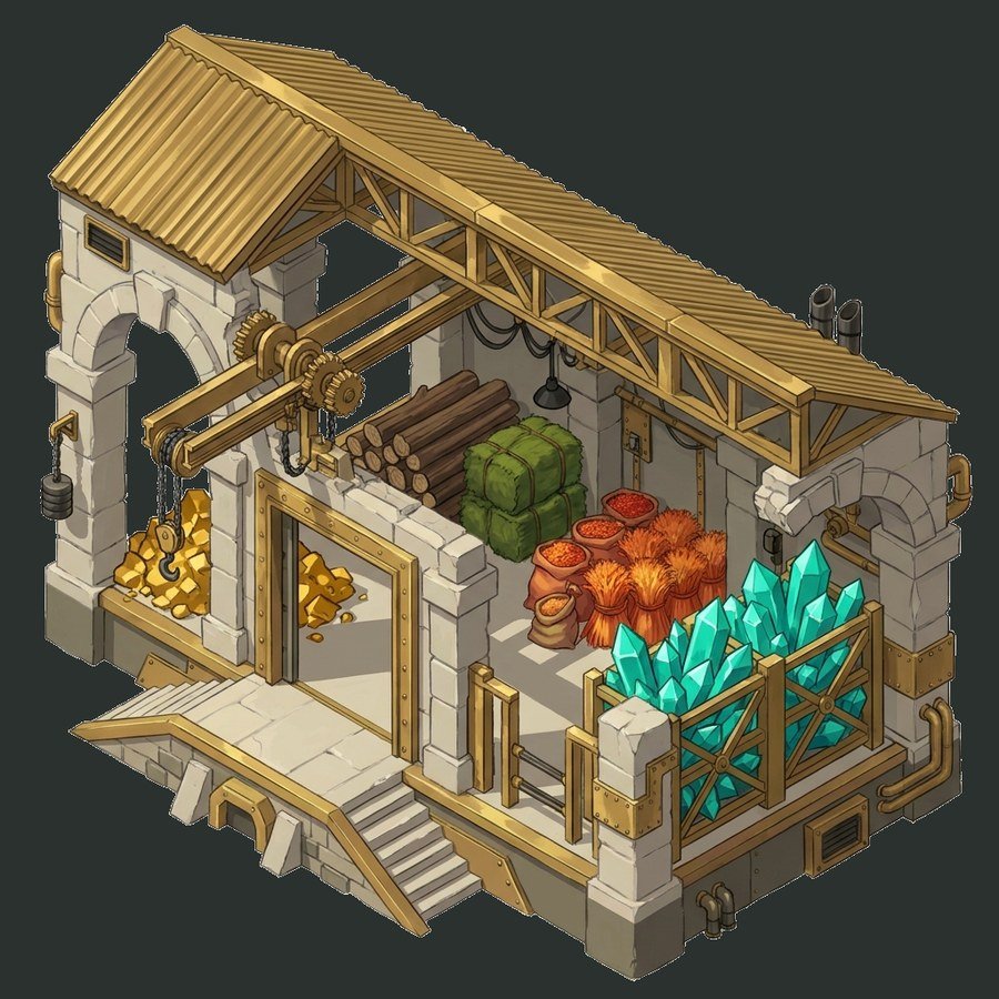 The Depot, which is the important one: all four resources at once. It is the only building where a player can learn what the colours mean.
