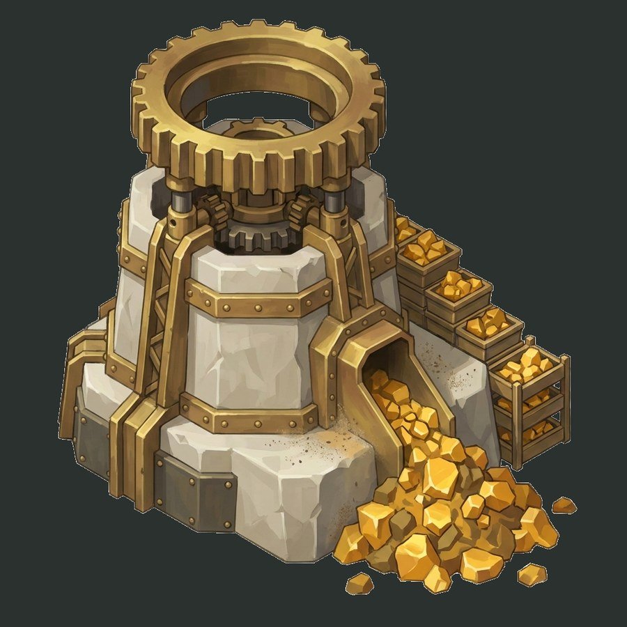 The Extractor. Broken ore spilling from the chute and racked in brass bins — the gold is the first thing the eye finds.